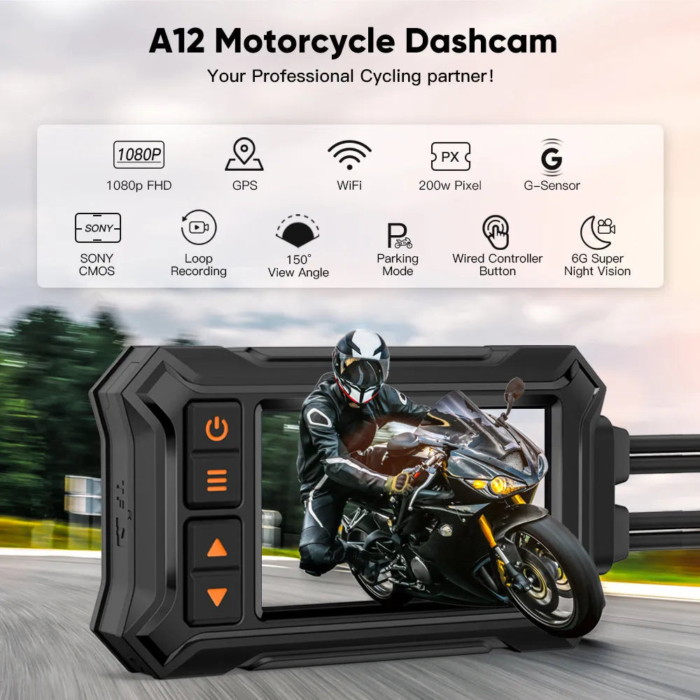 Motorcycle dual lens GPS tachograph dash cam recorder with display, two cameras, and GPS module.