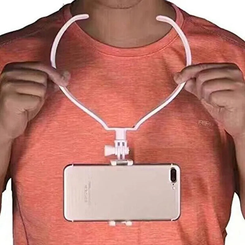 Black wearable phone holder with flexible neck ring shown in use as a hands-free smartphone mount.