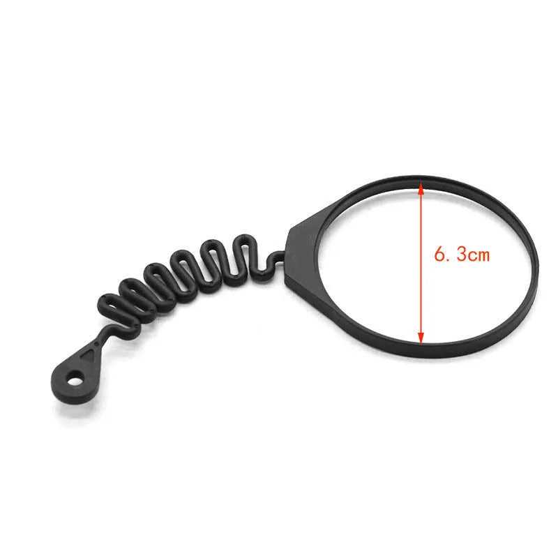 Black rubber fuel cap tether for Volvo cars, shown in round band and separate rope styles.