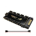 Black AURA RGB hub with ten ports and SATA power connection for PC lighting control