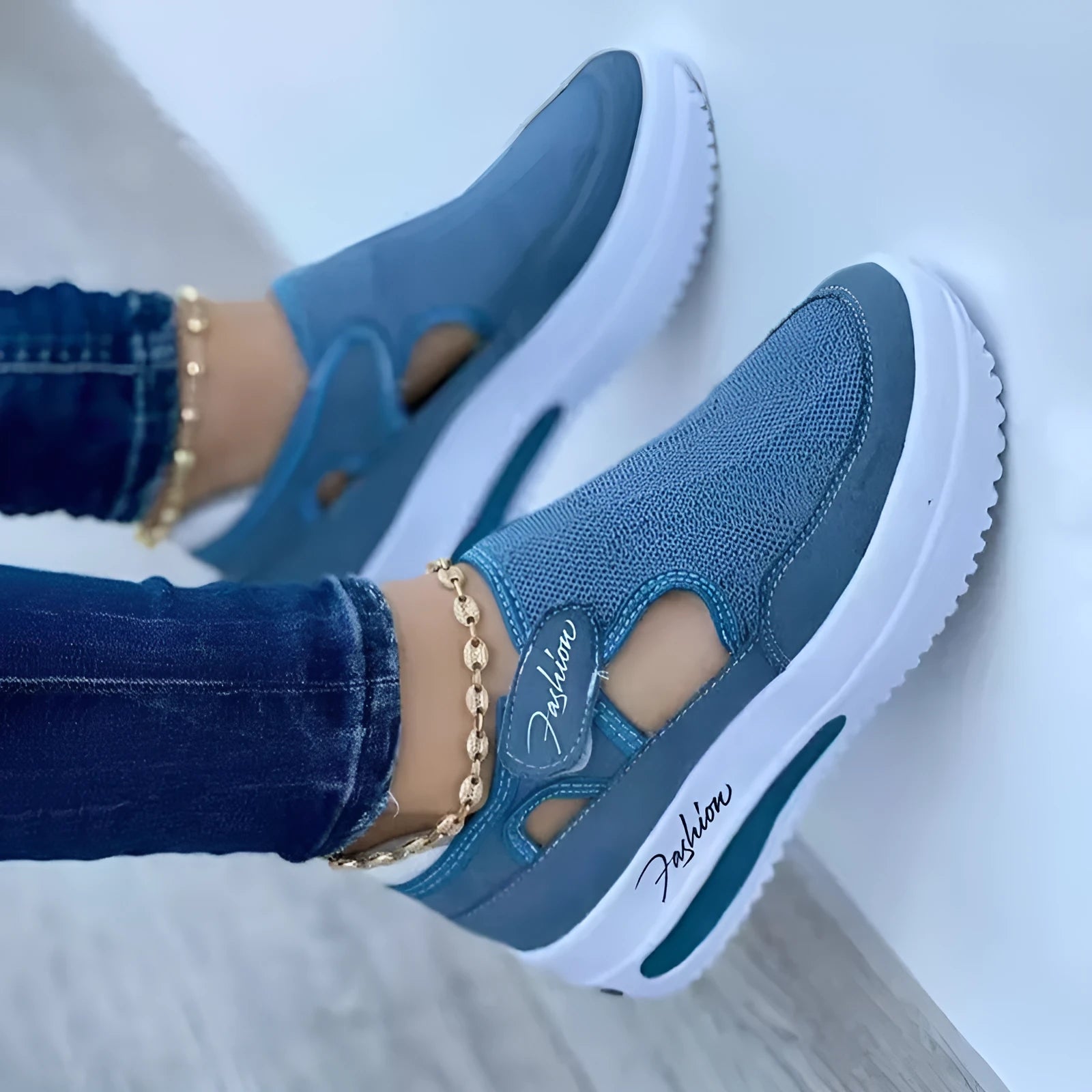 Women's casual low wedge breathable mesh sneakers with Velcro fastening available in black blue pink red sizes 35-43