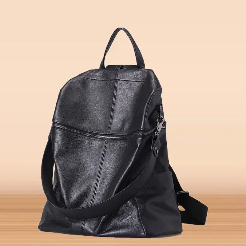 Genuine leather women's retro backpack showing organisation compartments and waterproof construction