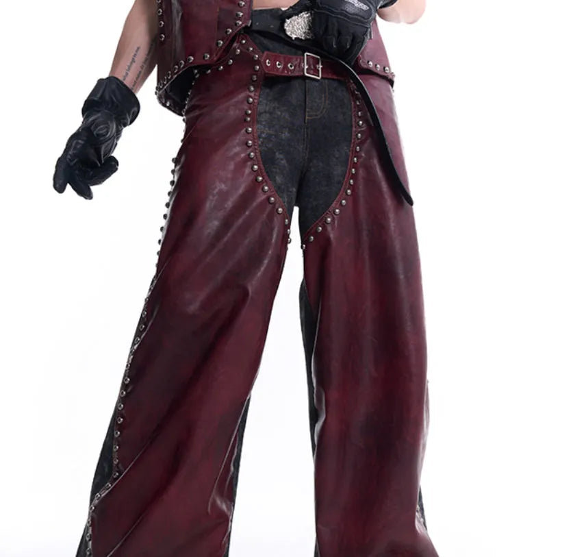 Red special-interest heavy industry rivets leather vest coat set with lapel collar and matching pants