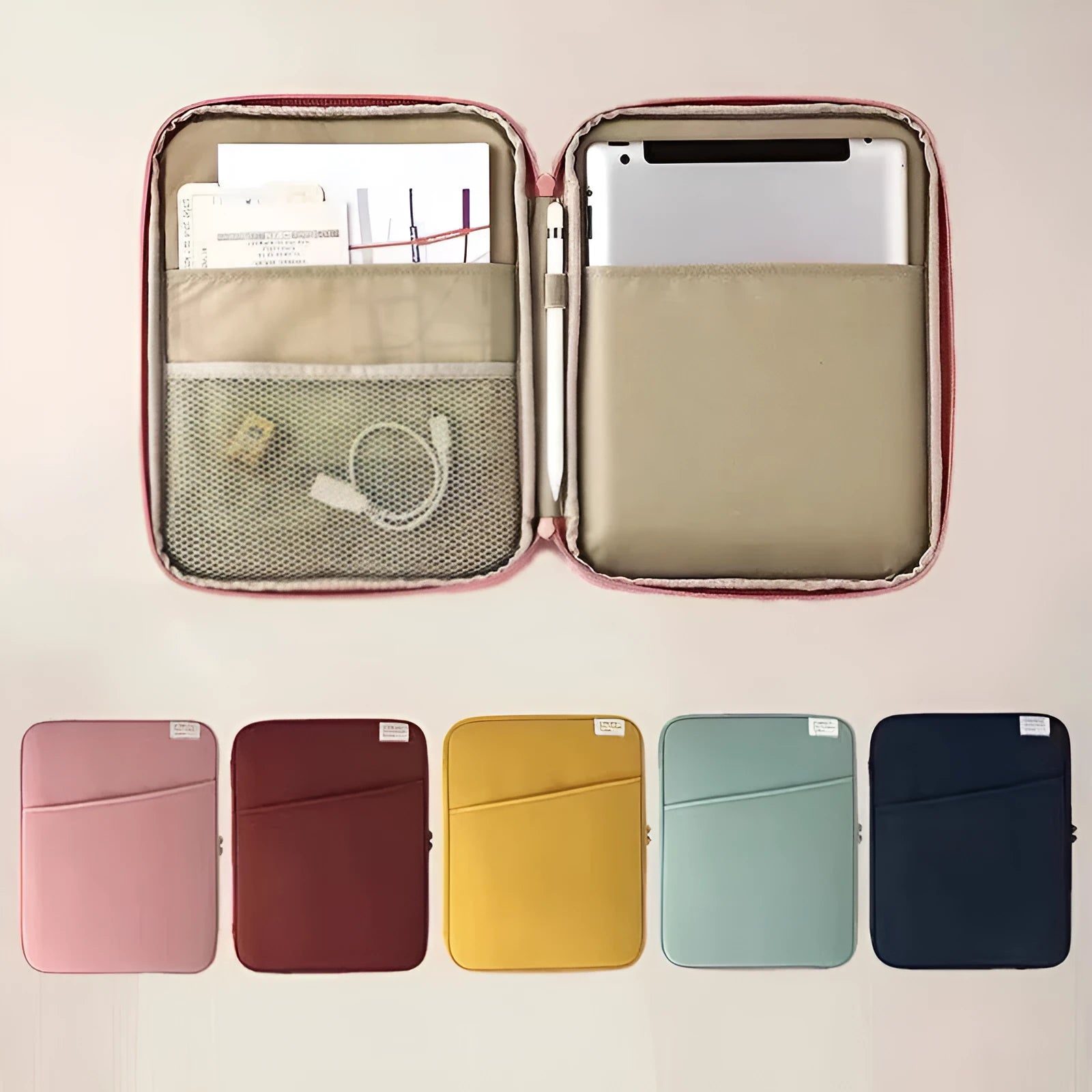 Shockproof nylon clutch bag liner in brick red for 11 inch tablet with zip closure