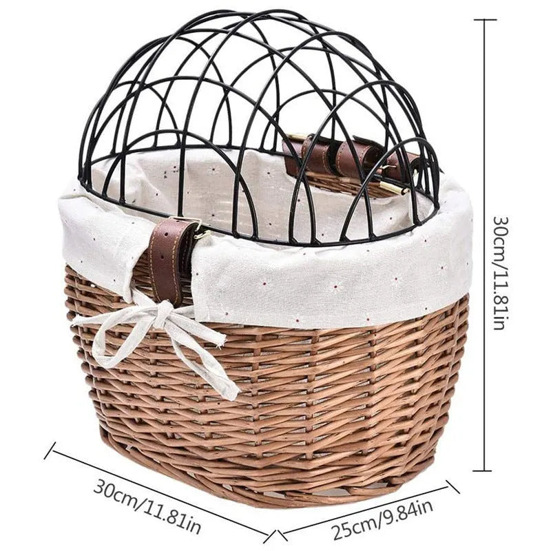 Honey-coloured wicker bicycle front handle basket medium size for cat or dog pet seat on road bicycle