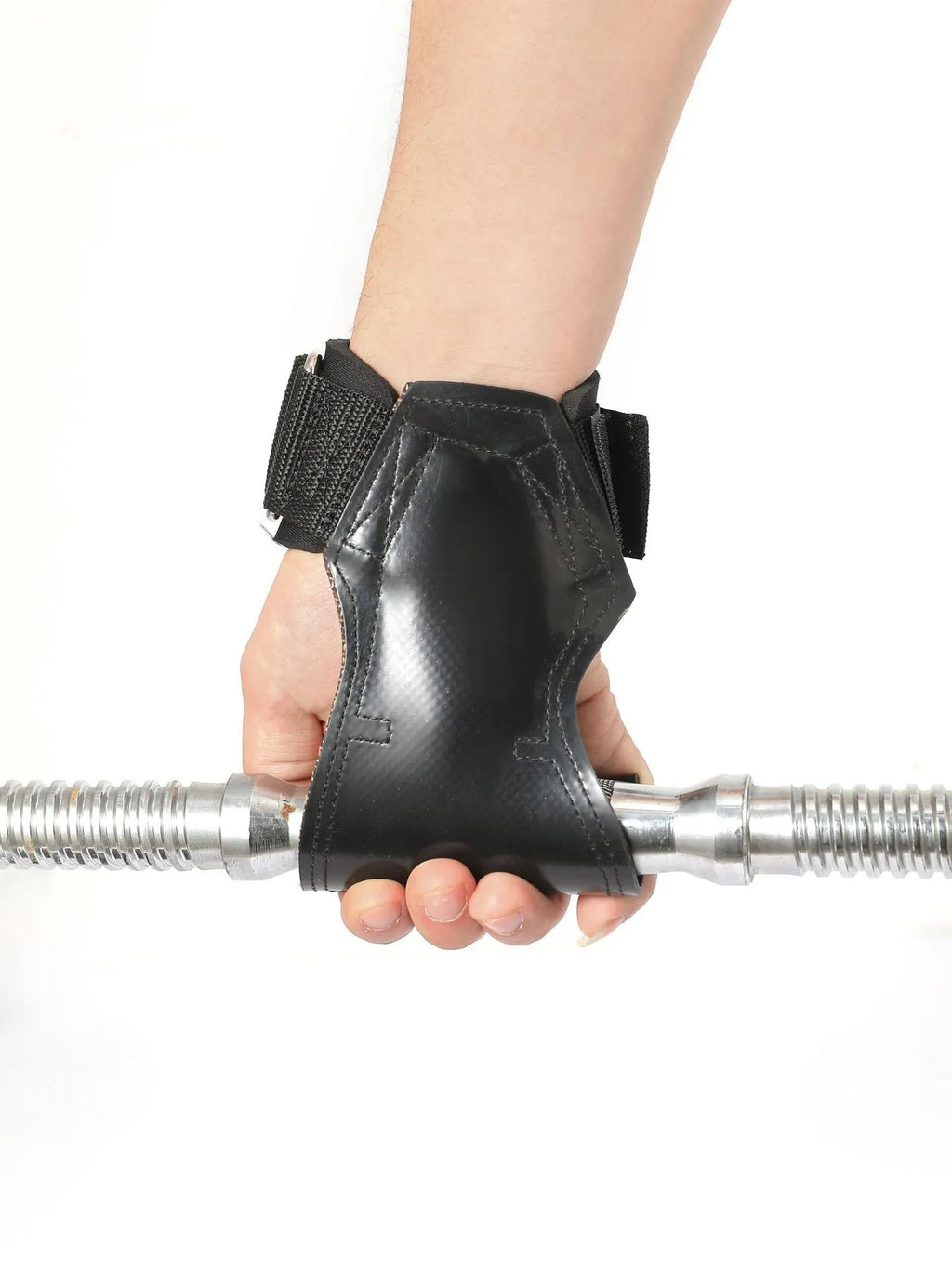 Black rubber non-slip weightlifting palm protection strap for barbell exercises and rock climbing.