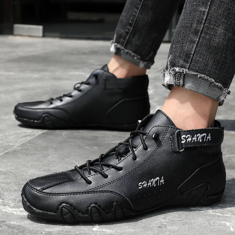 Men's solid colour mid-calf Martin boots with leather lining and rubber sole in black, gray, and khaki