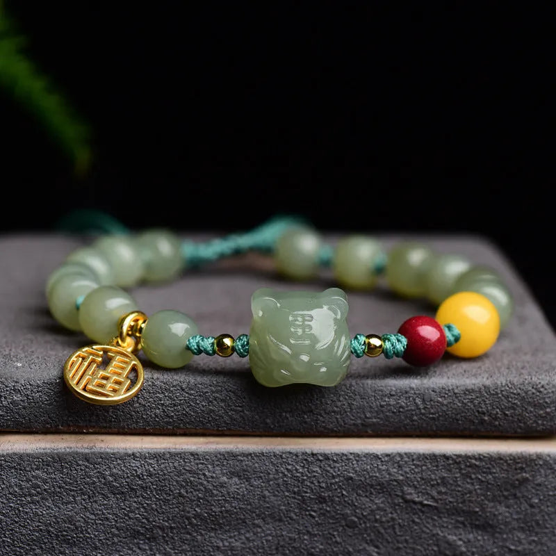 Natural Hetian Jade bracelet with cinnabar beads and zodiac animal sequins