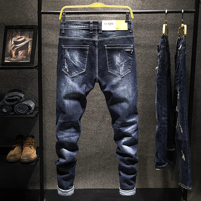 Slim-fit men's jeans in dark blue and light blue with micro-elasticity cotton denim fabric