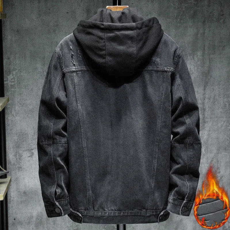 Thick denim jacket men black hooded cotton winter slim fit with lapel collar