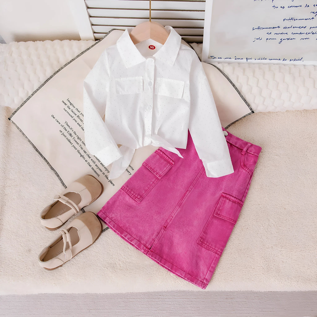 Girls pink cotton knot top and denim shorts set with long sleeves on child model