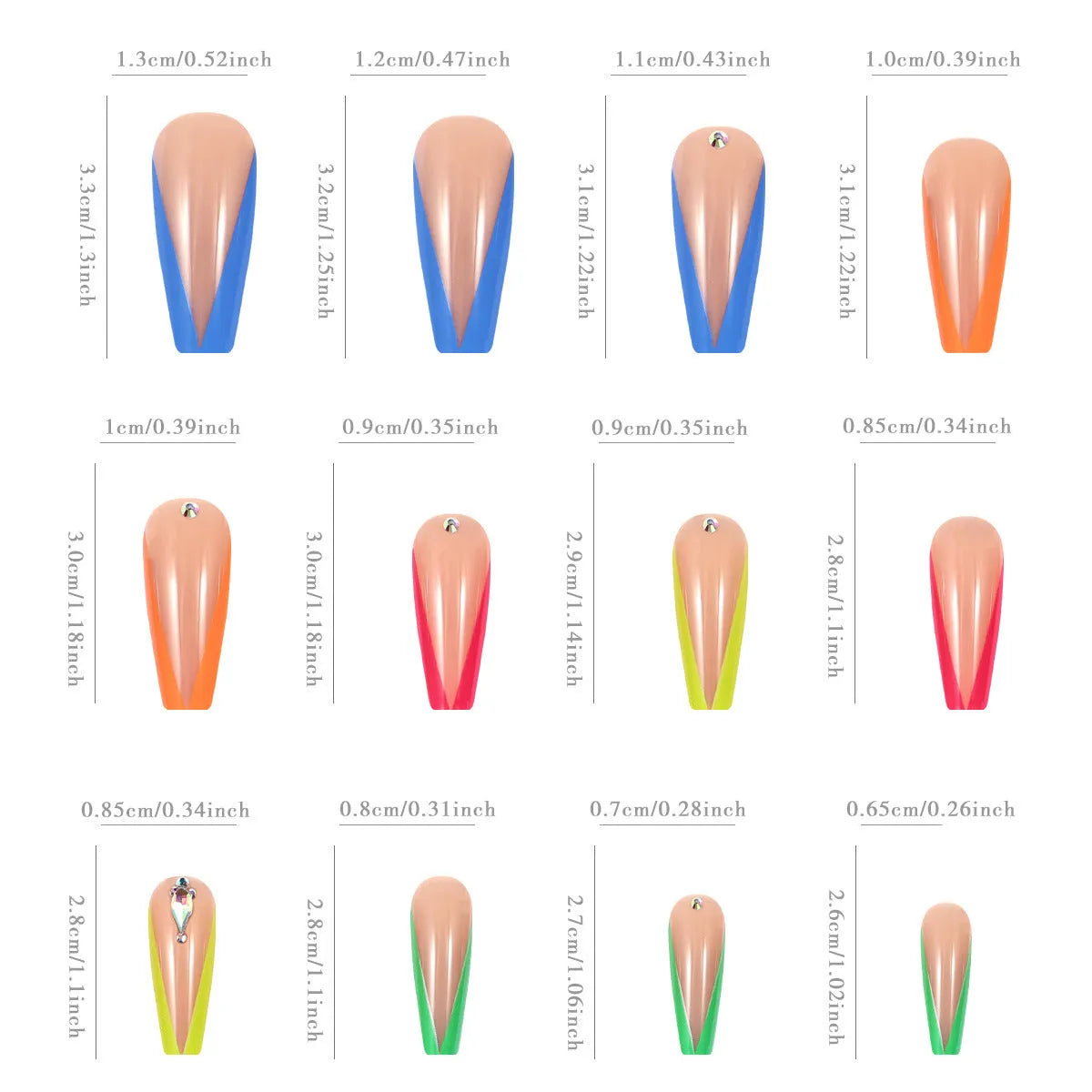 Set of detachable nail tips in diamond colour with cartoon love cross heart pattern, jelly glue, and a filing strip.