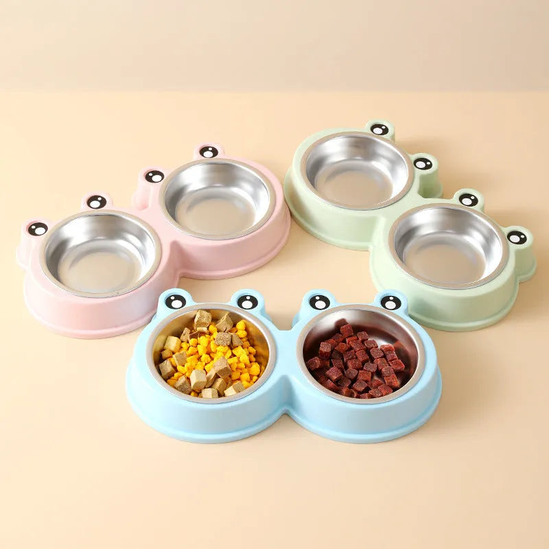 Stainless steel pet double bowl for food and water in blue, green, or pink.
