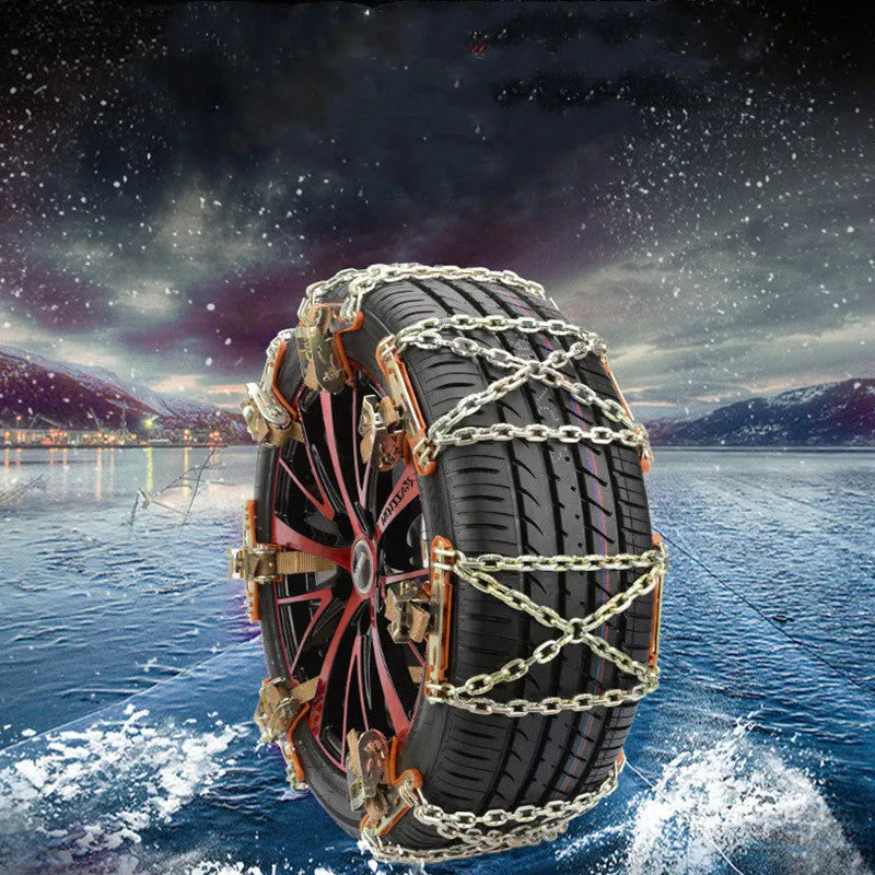 Car snow chain with steel chain, Oxford pad, and nylon strap, fitting 175-265 tyre sizes