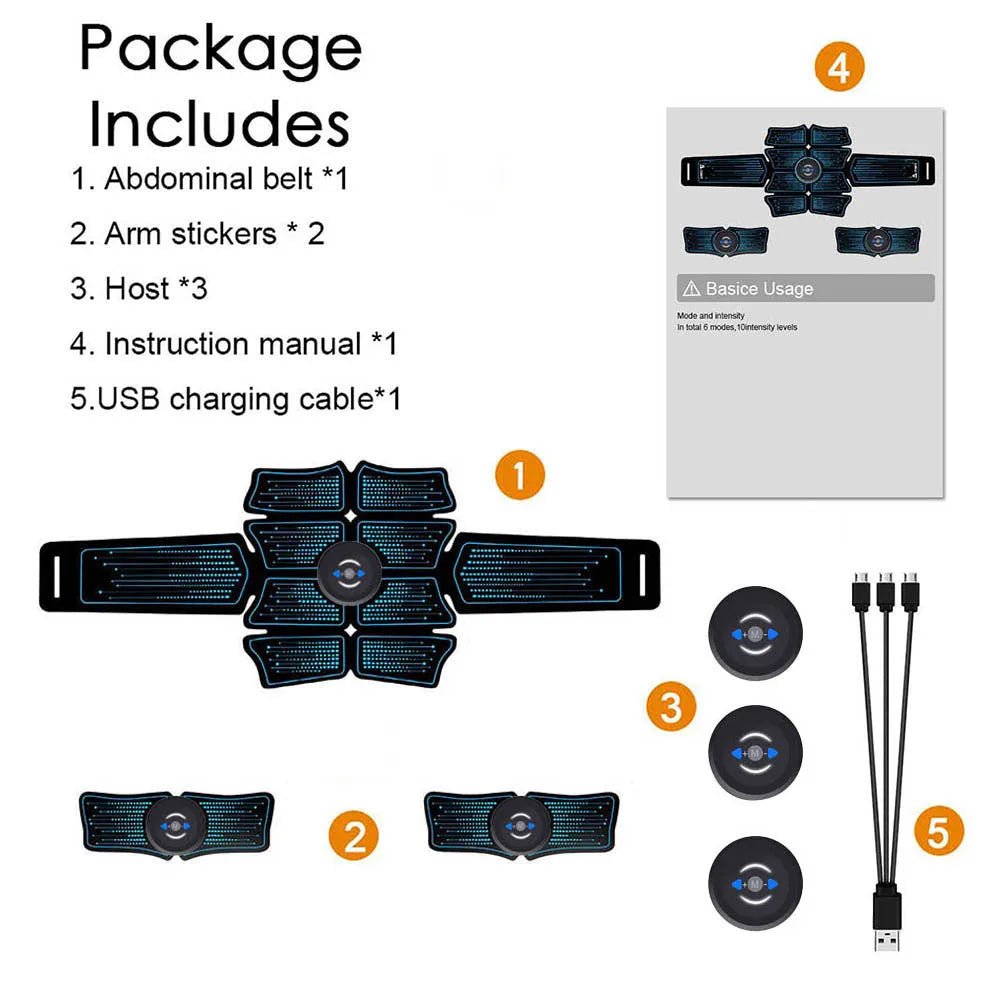 EMS abdomen muscle stimulator with belly belt and two arm belts, USB rechargeable, black