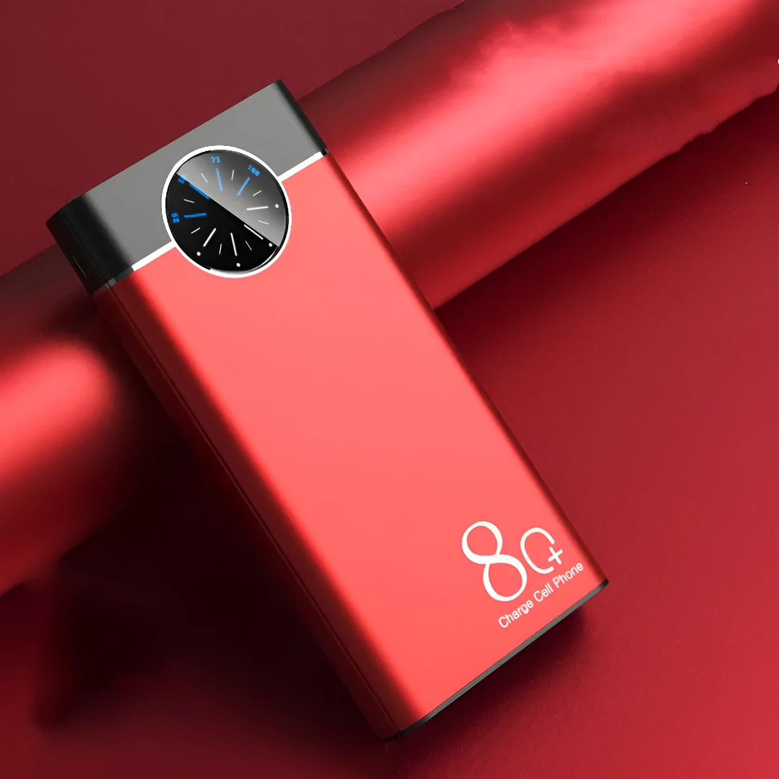 Black fast charging power bank with 20000mAh capacity showing LED flashlight and charging ports