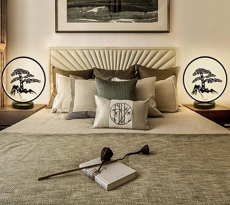 Chinese style ceramic LED table lamp, matte black, with glass lampshade on side table