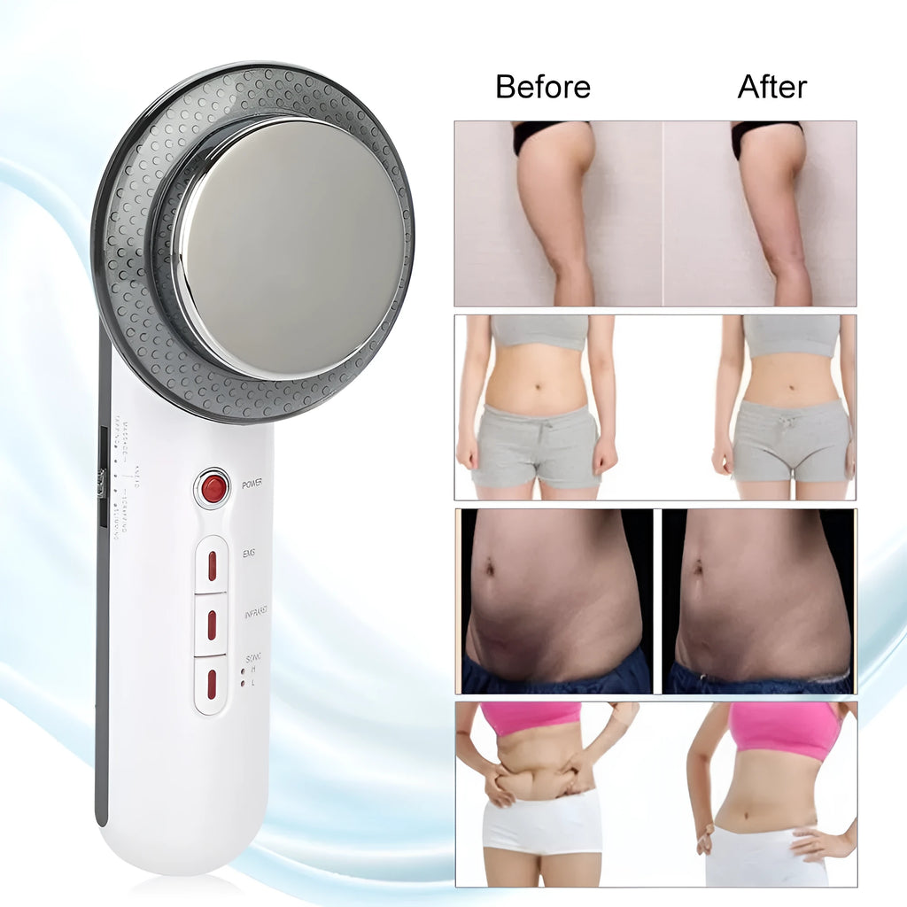 Handheld ultrasound EMS infrared body slimming device with electrode sheet and cable, 25.2x18x7.2cm