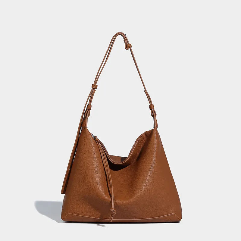 Large capacity soft PU leather messenger bag in caramel and elephant grey colours showing 36cm dimensions