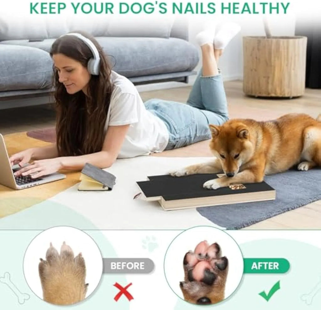 Premium wood dog nail scratch board with treat drawer and non-slip pads on a floor.