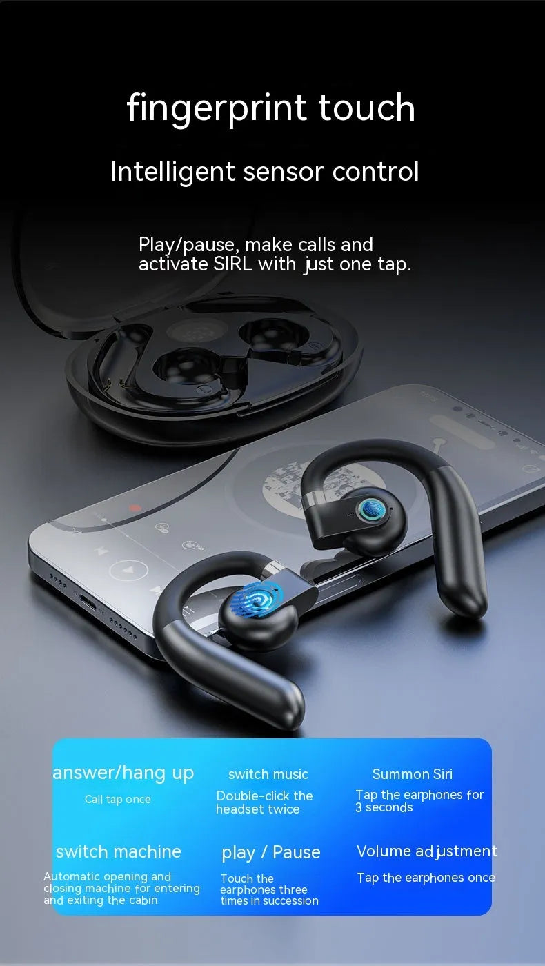 Black ear-mounted non-in-ear Bluetooth headset with charging case and cable