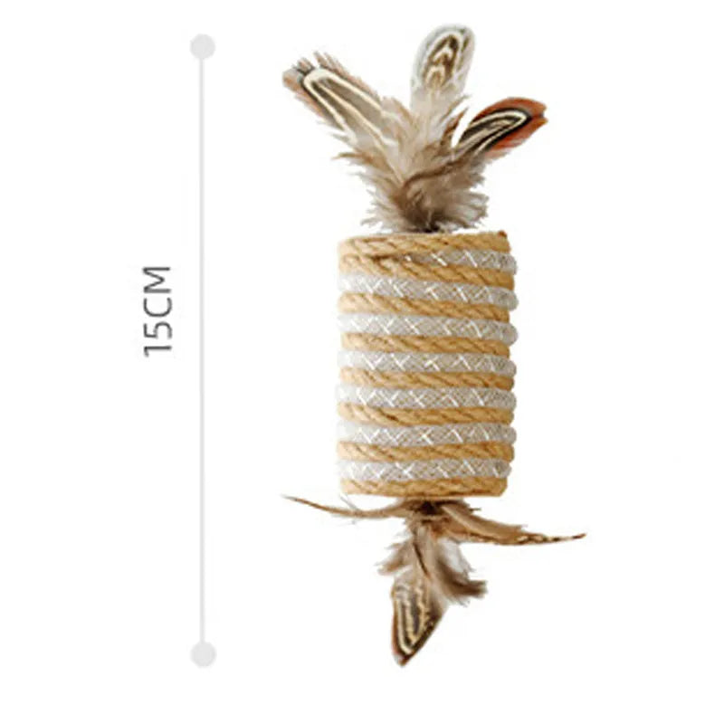 Beige cat toy with feathers, hemp rope scratching area and a central sound roller for pet claw play.