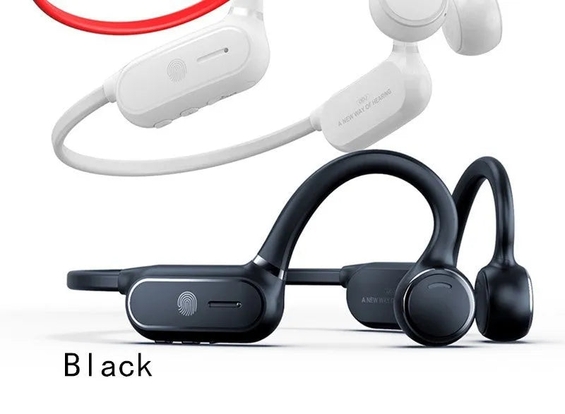 Black air conduction Bluetooth earphone with titanium wire frame shown bent for hanging