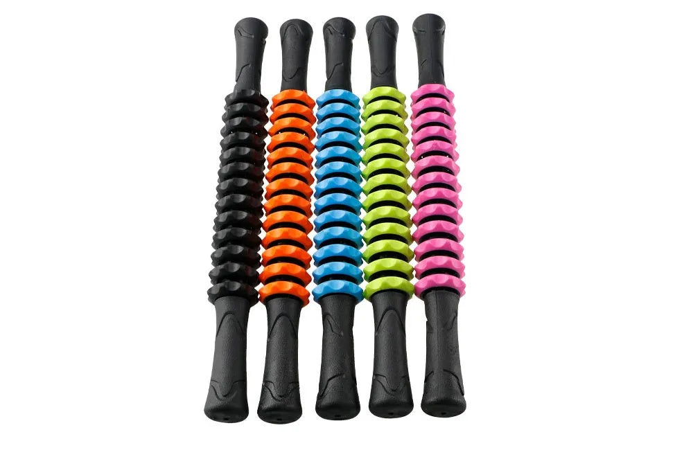 Yoga massage bar M4 in black with adjustable rolling parts on a blue background