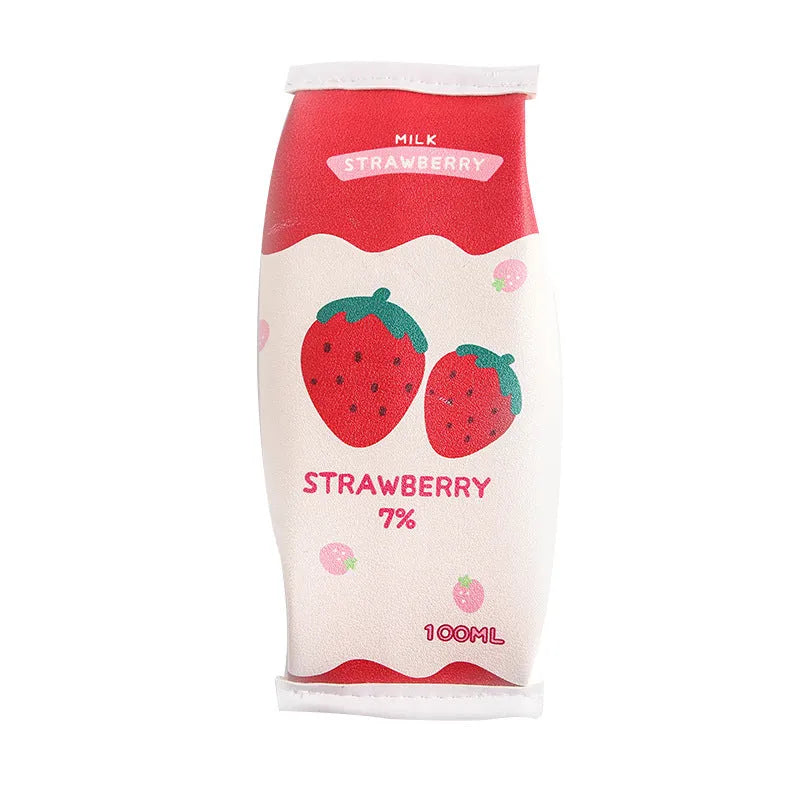 Leather strawberry milk carton pencil case with medium soft hardness in pink and red colours