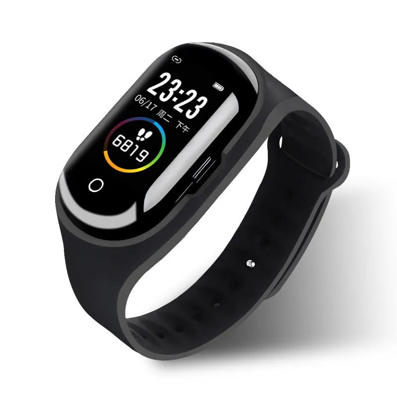 Smart bracelet with integrated wireless earphones showing 1-inch colour touchscreen on silicone wristband