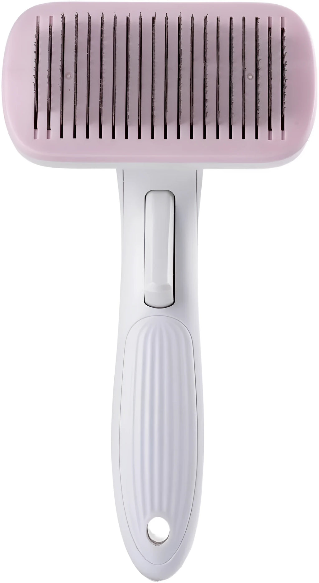 Automatic pet hair removal comb for dogs and cats showing colour options and compact size