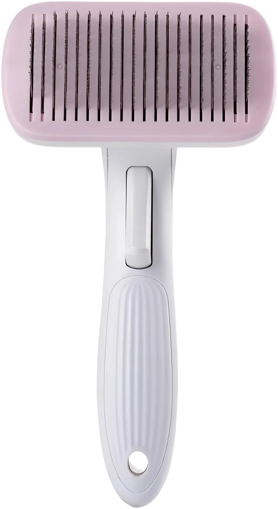 Automatic pet hair removal comb for dogs and cats showing colour options and compact size