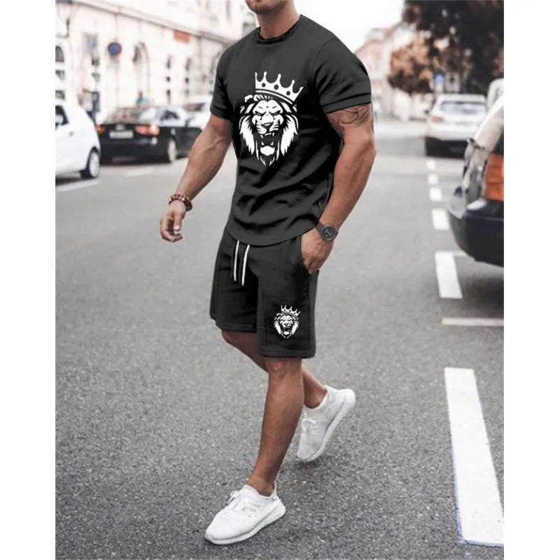 Men's casual short sleeve leisure suit set in mesh cloth polyester showing matching top and shorts