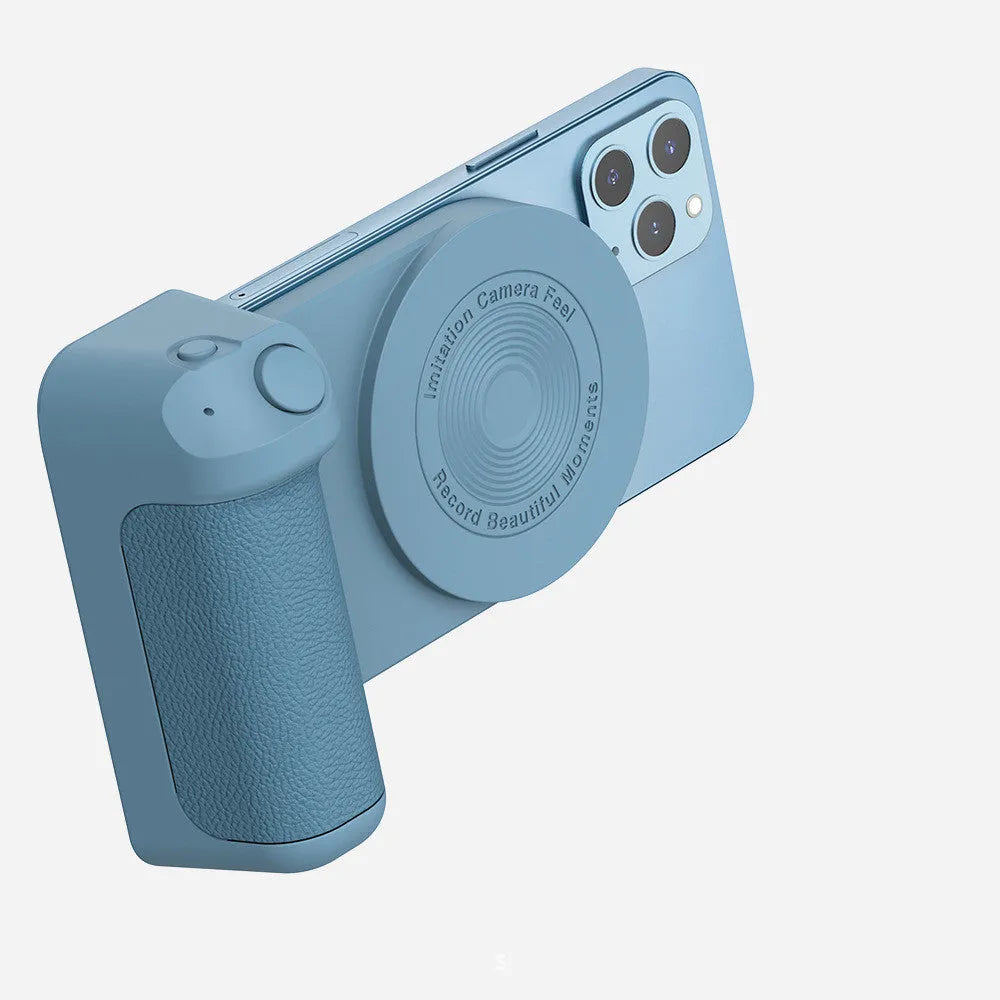 Black magnetic phone camera holder with rotatable grip and ergonomic PU leather handle