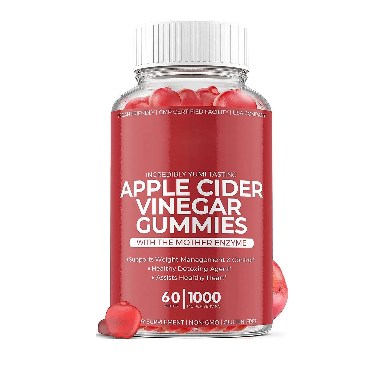 Bottle of apple cider vinegar gummy supplements containing 60 tablets for adult use
