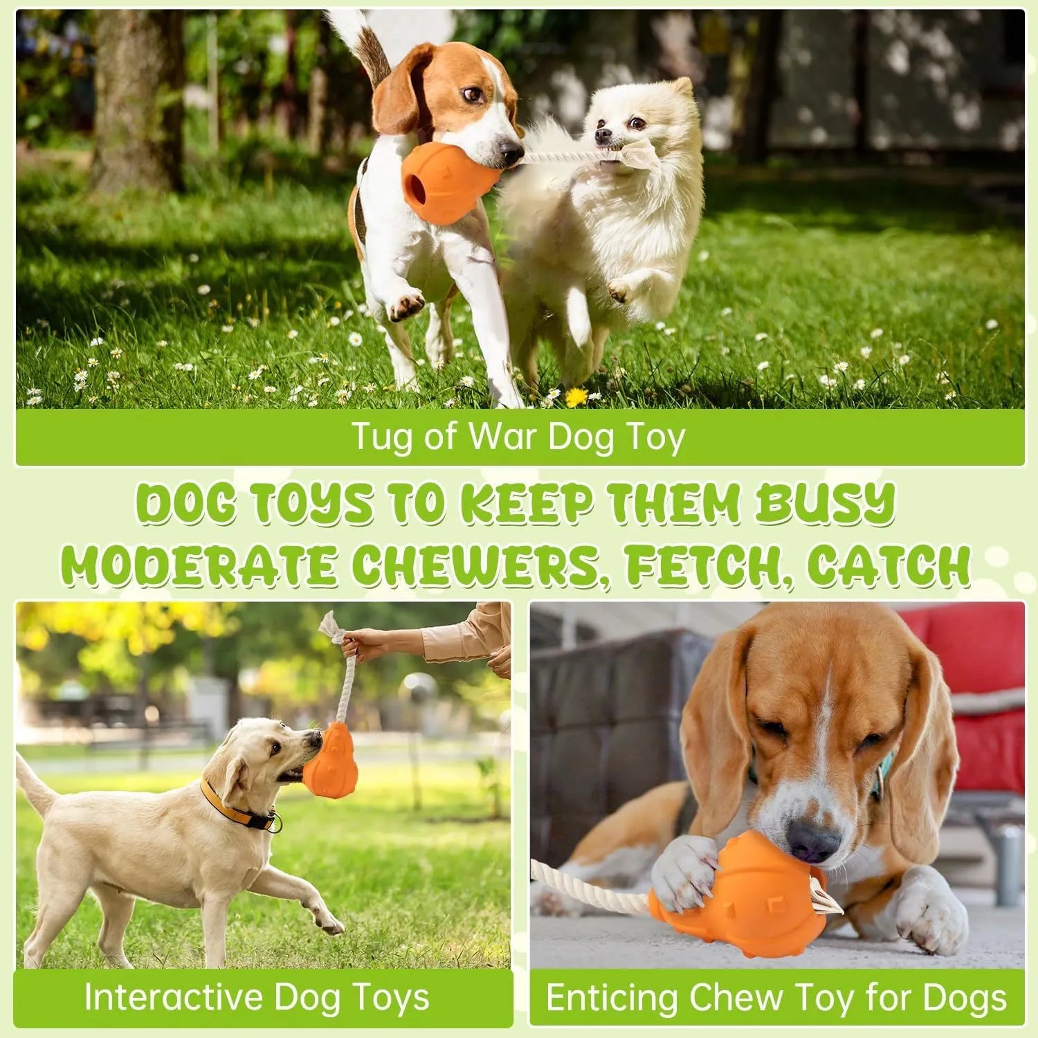 Natural rubber stuffable dog chew toy with a long strap for fetching and treat dispensing.