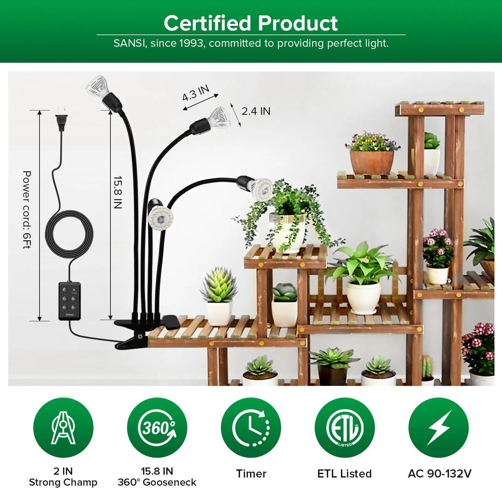 LED grow light with timer, full spectrum, gooseneck clip attached to shelf, 20W 30W 40W options for indoor plants