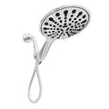 Six-function handheld shower head with electroplated finish showing multiple spray pattern options