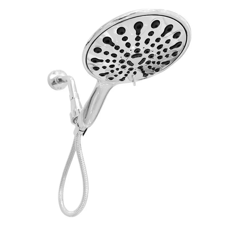 Six-function handheld shower head with electroplated finish showing multiple spray pattern options