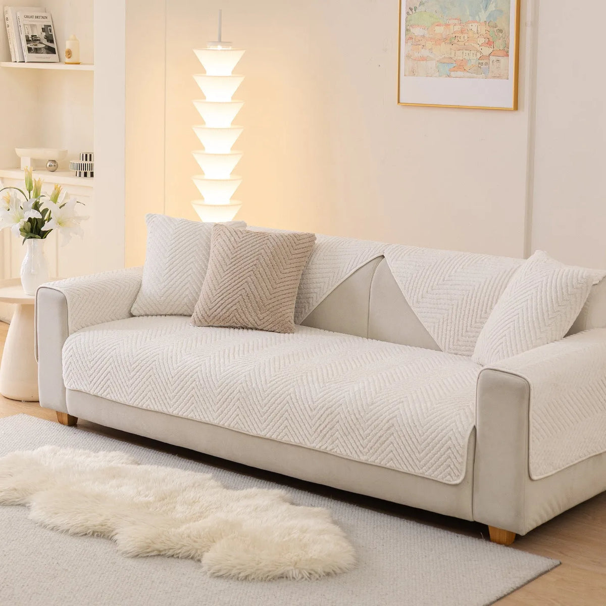 Solid colour plush sofa cover cloth in white, khaki, light grey or dark grey, with multiple sizes from 70x70cm to 110x240cm