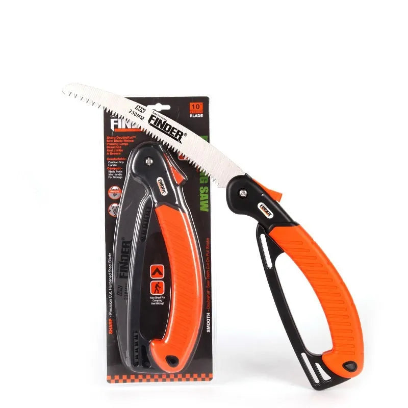 Folding garden saw with a black TPR grip and a metallic 9-inch saw blade, shown both open and closed.