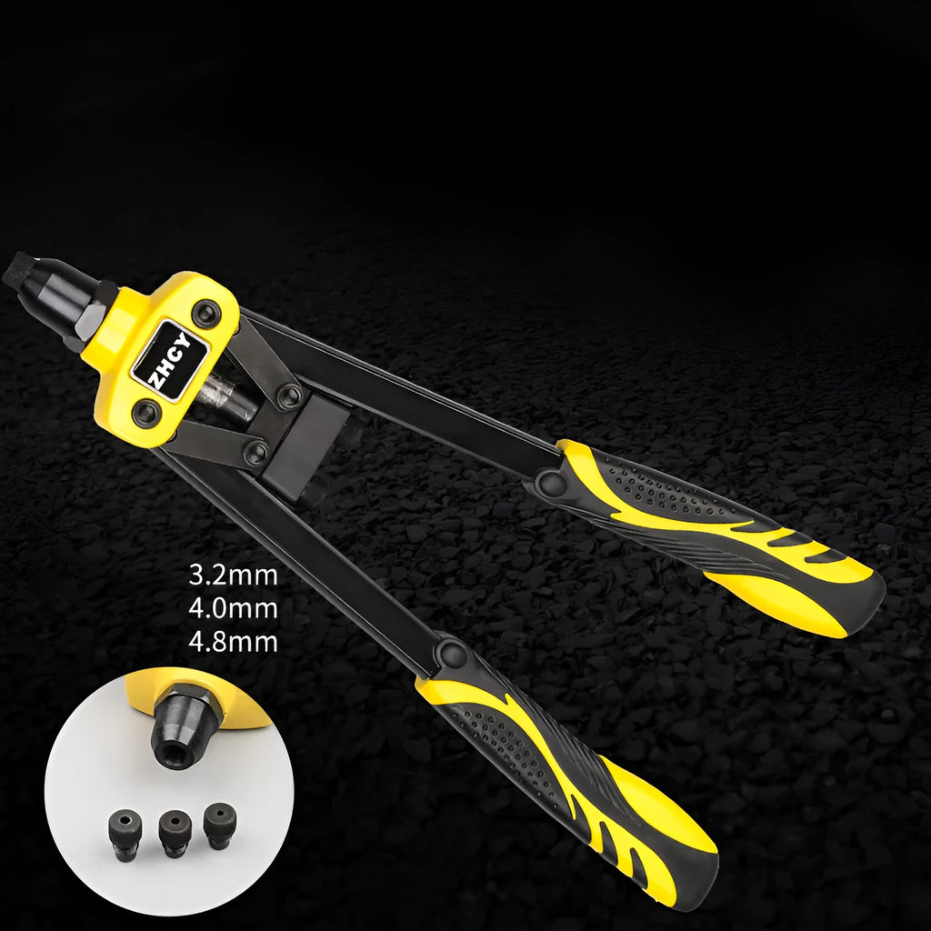 Yellow 13-inch manual household rivet gun with three built-in tips for 3.2mm, 4.0mm, and 4.8mm rivets.