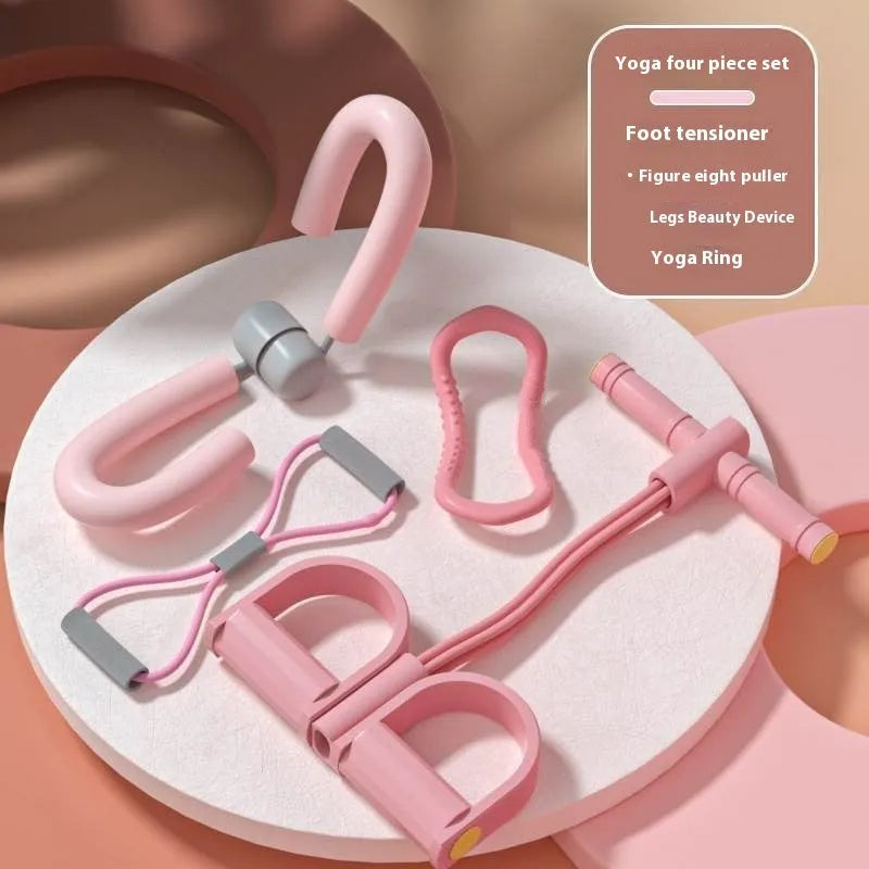 Yoga four piece set showing leg stretching device, yoga ring, pedal tensioner and figure eight tension rope