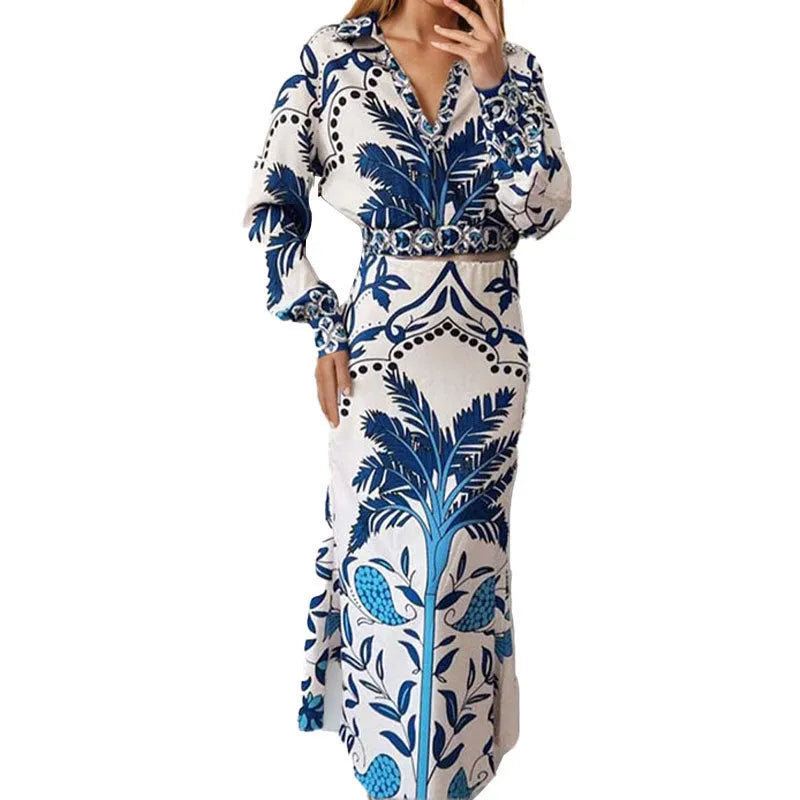 Women's long sleeve top and skirt early spring casual set in polyester fabric