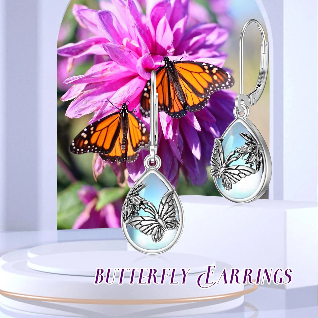 925 sterling silver butterfly moonstone leverback earrings for women, silver colour, on display