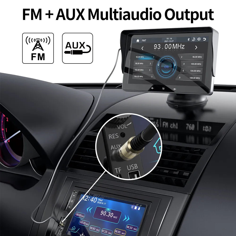 7-inch universal car wireless CarPlay display with suction cup mount on a windscreen.