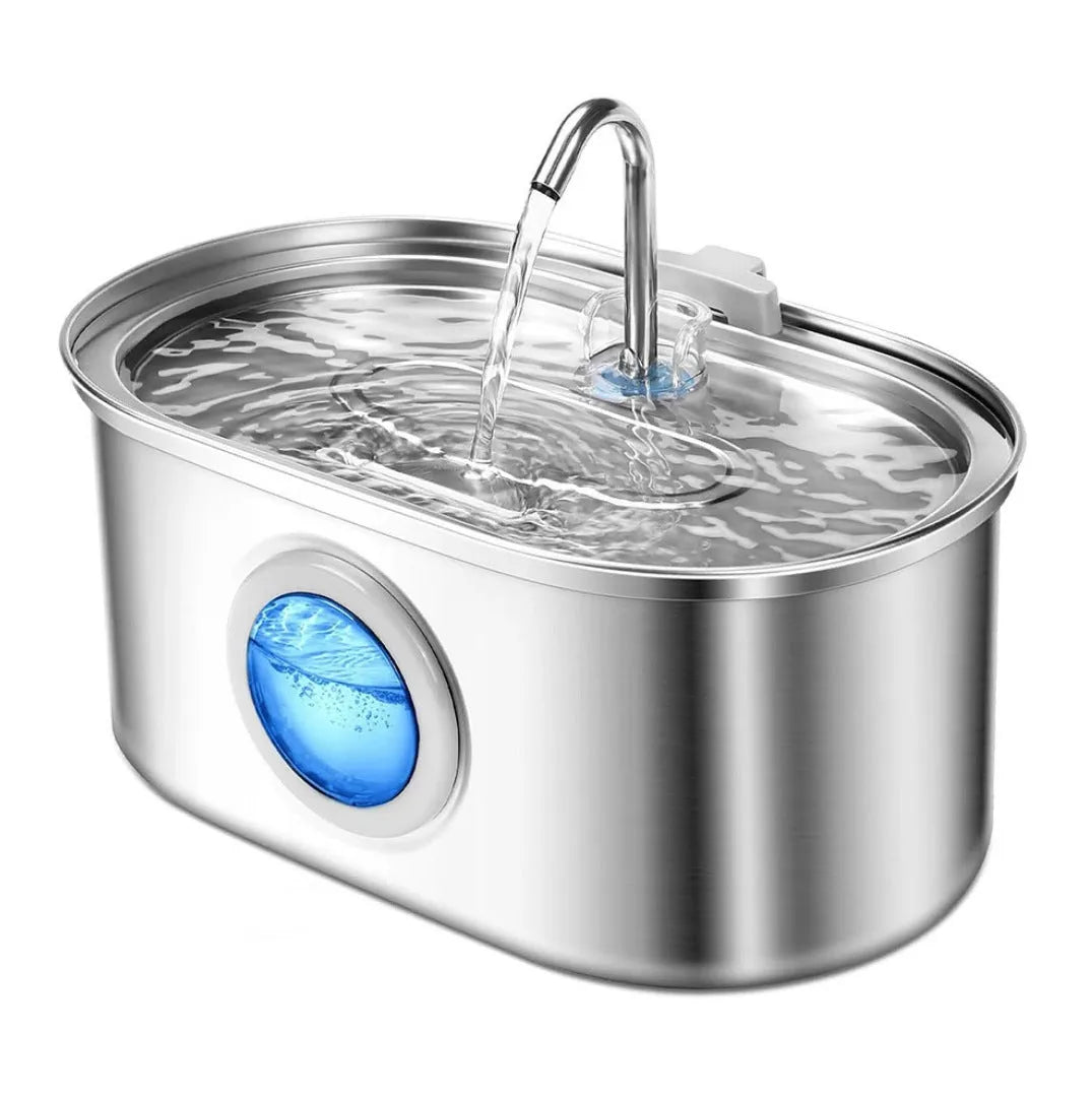 Stainless steel round pet water dispenser with large reservoir and selectable faucet attachment