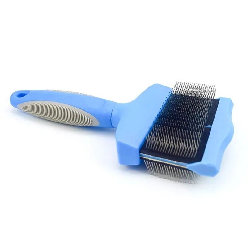 Double-sided pet brush with stainless steel pins showing blue colour and ergonomic handle