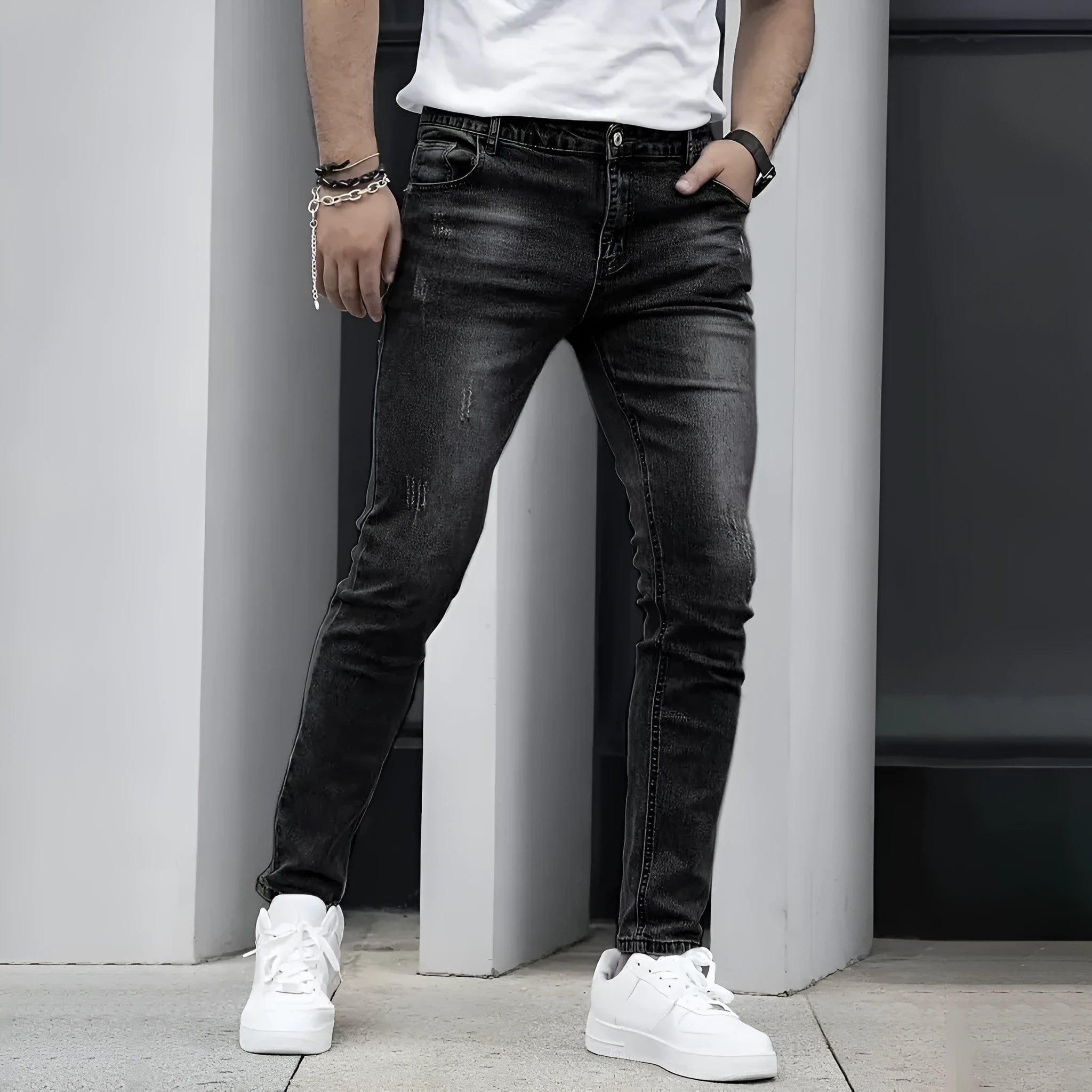 Men's straight leg stretch jeans in black, dark blue and grey solid colours with skinny fit