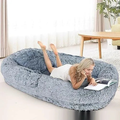 Queen bed pet plush sofa in dark gray with matching blanket, 5XL size, cloth material for dogs